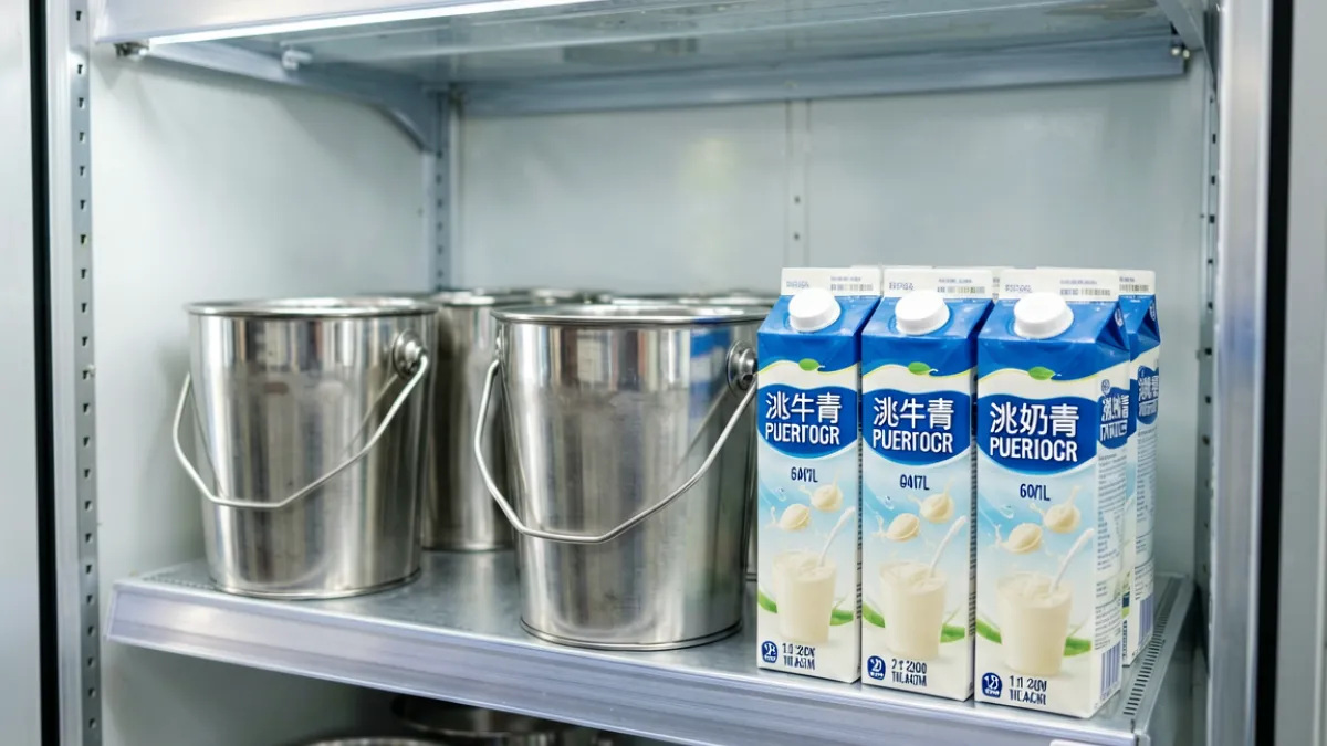 黄油作坊原料区展示新鲜生牛乳桶和稀奶油包装，整齐排列在冷藏货架上