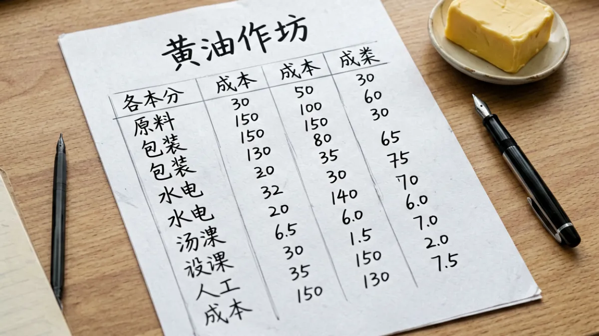 黄油作坊成本核算草稿纸，上面写有原料、人工、包装等分项成本数字