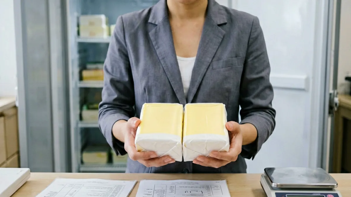 手工黄油作坊从业者展示刚包装完成的200克发酵黄油产品，桌面摆放有检验报告单